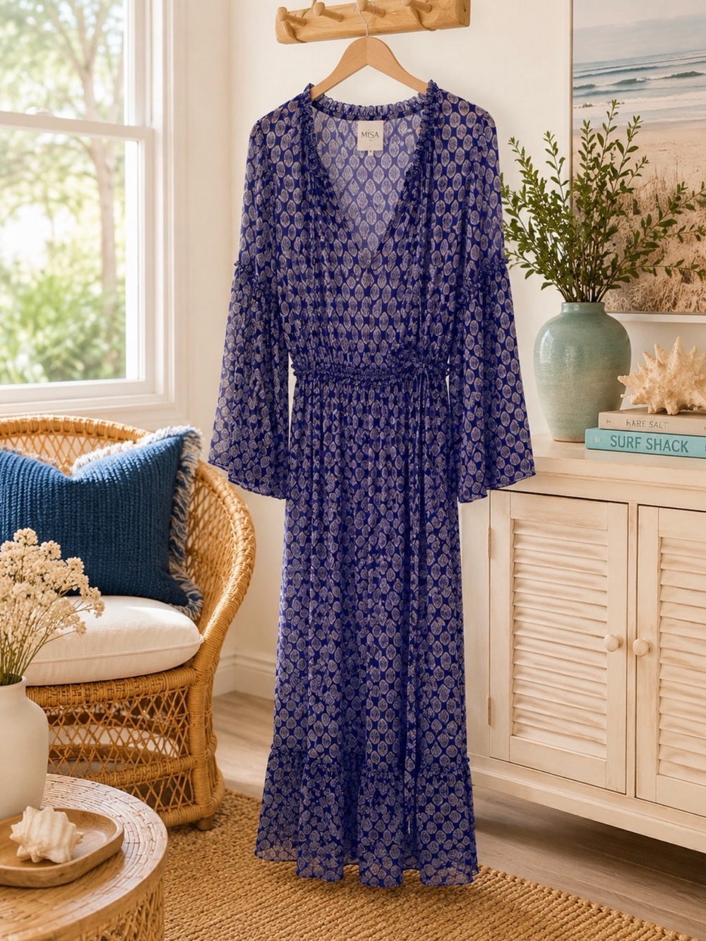 Misa Los Angeles Navy medallion print ruffle midi dress size small